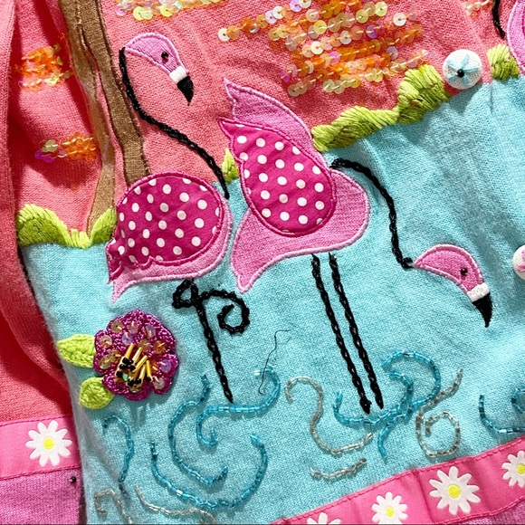 JACK B QUICK Women’s Pink Cardigan Flamingo Palm Trees Tropical Beads Sequins - Picture 3 of 11